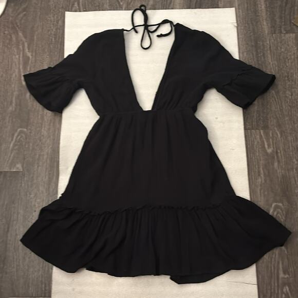 FAVLUX Black V-Neck Babydoll Mini Dress S Boho Costal Cowgirl Festival Indie LBD - Picture 5 of 11